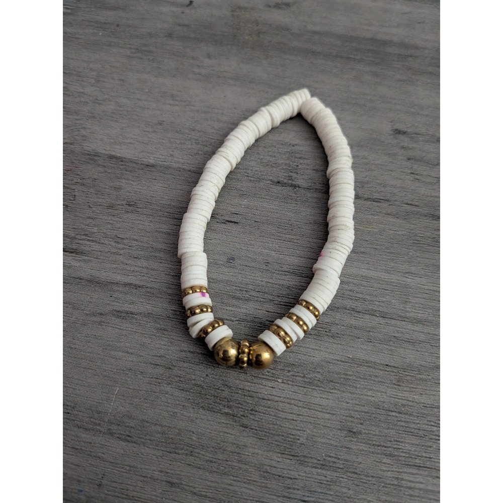 White Heishi Bead Stretch Bracelet Gold Tone Accents Boho Coastal Jewelry